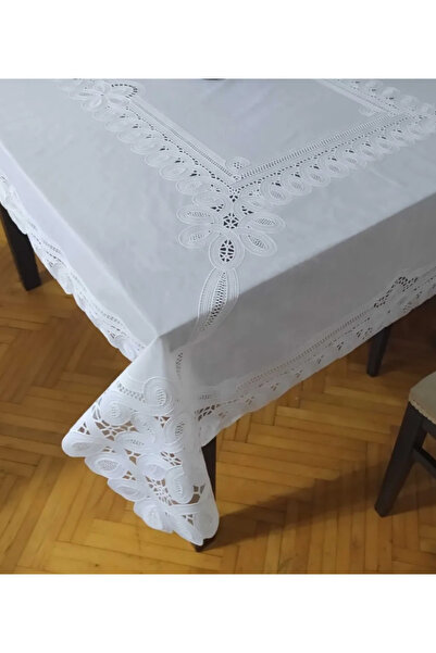 Blue Home Pvc Oilcloth Lace Look Kitchen Table Cover White Flower Motif 120X150 cm