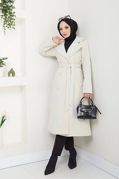 Nevayla Moda Γυναικείο Fleece Stamp Μακρύ Παλτό / M0107 - Κρέμα