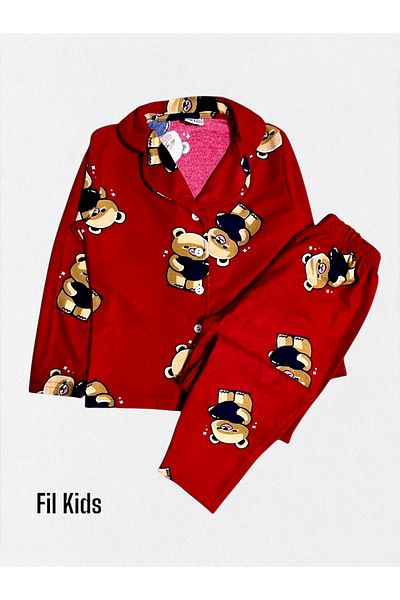Fil Kids Girl's Cotton Suede Fabric Red Teddy Bear Print Button-Down Shirt Collar Pajamas Set