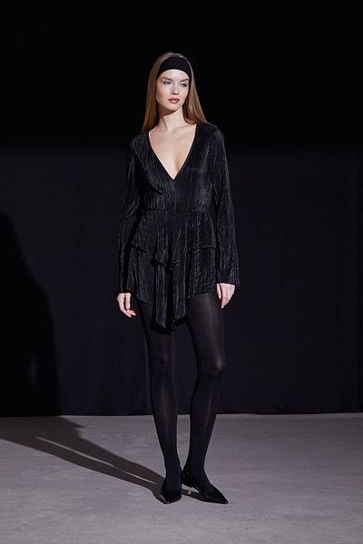 Never more V-Neck Flounce Mini Dress Black