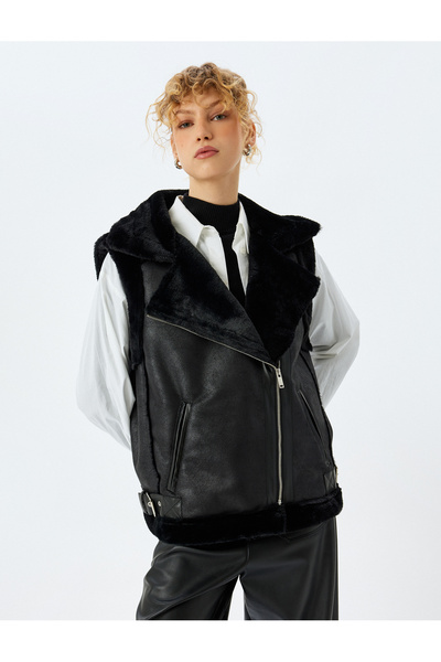 Koton Sleeveless Leather Look Faux Fur Collar Zippered Vest