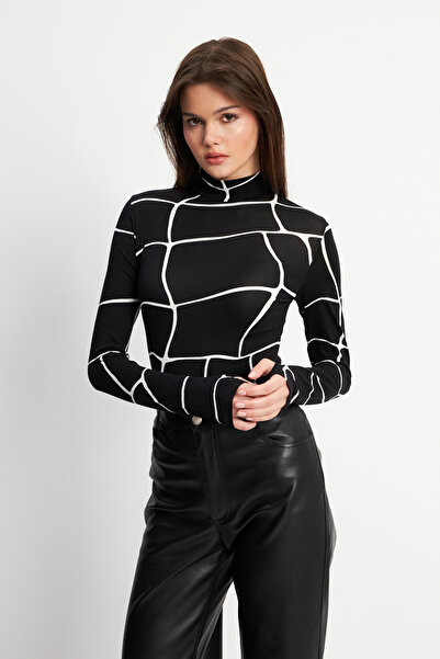Yefrastore Kadın Kare Ağ Desenli Dik Yaka Basic Parmak Detaylı Body