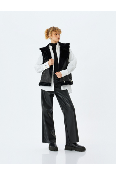 Koton Sleeveless Leather Look Faux Fur Collar Zippered Vest