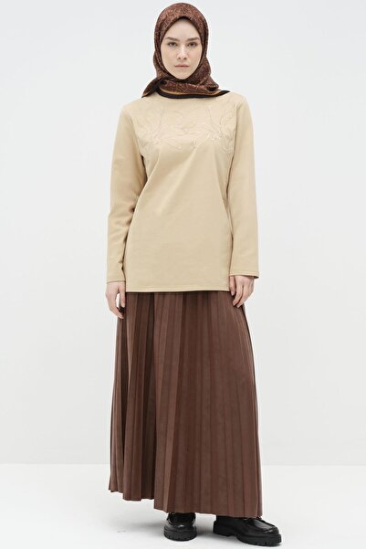 Tuğba Beli Lastikli Suni Deri Plisoley Etek - Tarçın