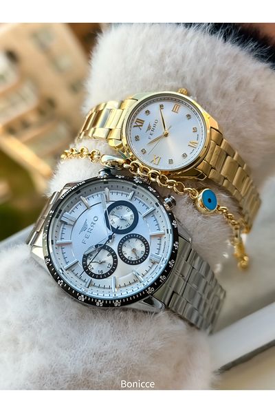 FERRO Brand Steel Cord Silver Yellow Color Dear Couple Wristwatches+Bracelet