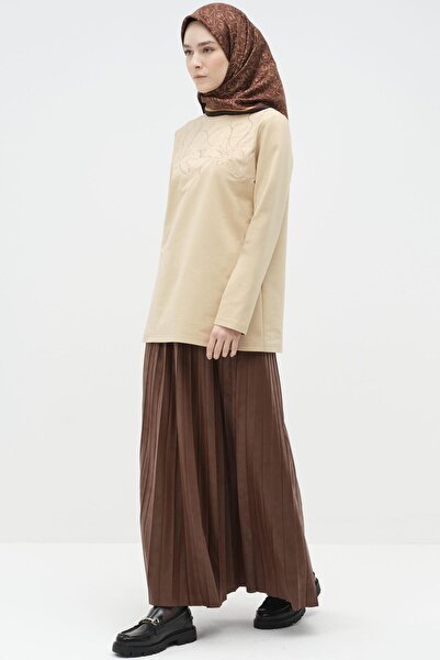 Tuğba Beli Lastikli Suni Deri Plisoley Etek - Tarçın