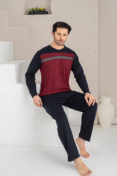 Huq Moda Σετ ανδρικών πιτζάμες με μακρυμάνικο μπορντό καπνιστό κομμάτι 100% βαμβακερό μονό ζέρσεϊ