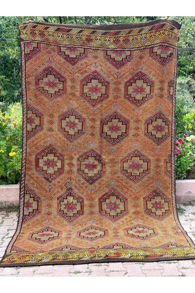 DesignEv 173x300 cm El Yapımı Antika Türk Kilimi, Turuncu Geometrik Desenli Y...