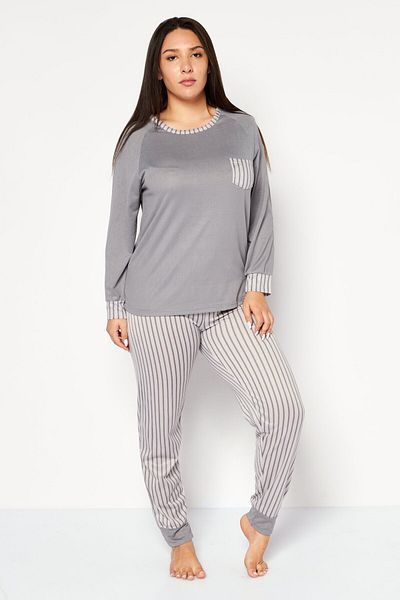 ISAAC MIZRAHI Women 2 Pieces Stripe Print Pajama Set, Grey