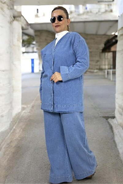 yagmurberen Buttoned V-Neck Jean Jacket Waist Elastic Jean Pants Plus Size Double Jeans Suit
