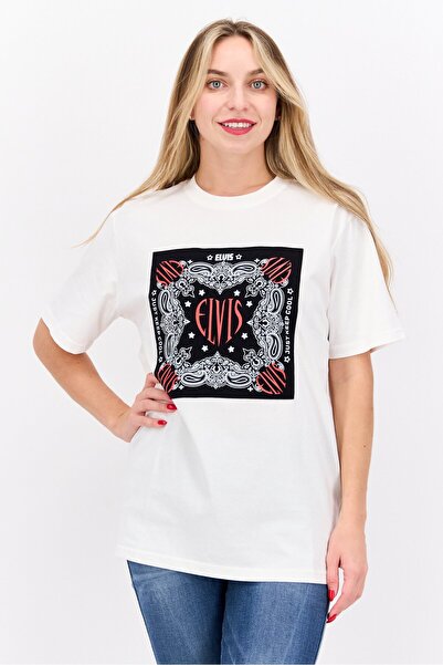 Elvis تي شيرت نسائي مطبوع عليه رسومات بأكمام قصيرة ورقبة دائرية، أبيض عاجي