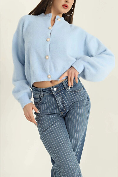 Piedra Pearl Button Women's Crew Neck Balloon Sleeve Beard Soft Texture Crop Cardigan