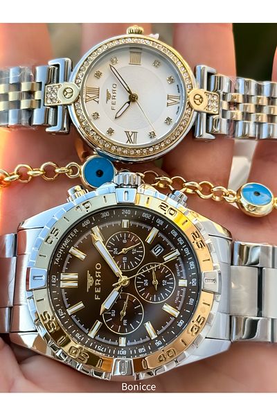 FERRO Brand Steel Cord Silver Yellow Color, Dear Couple Wristwatches + Bracelet