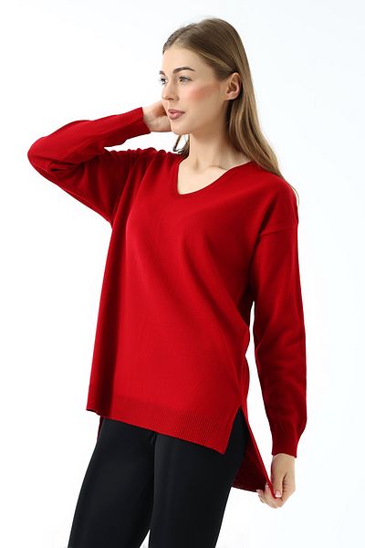 Devinka Women's V-Neck Long Sleeve Slim Woven Oversize Slit Knitwear Sweater Red