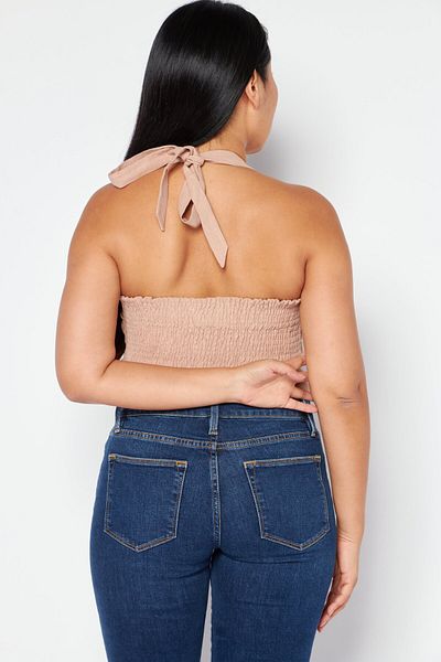 Nomad Women Tie Neck Sleeveless Embroidered Logo Top, Tan