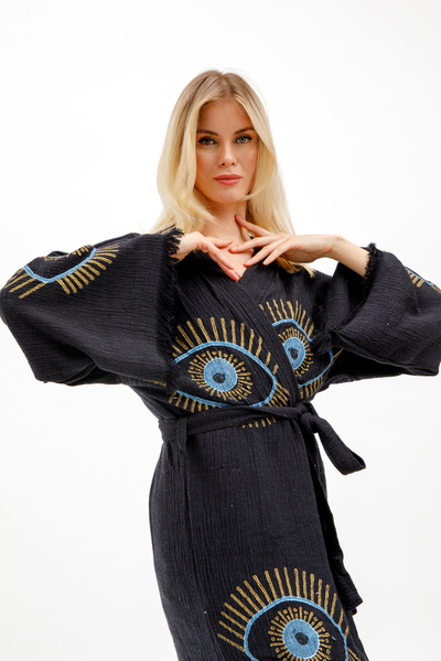 MONO siyah %100 pamuk muslin gold çizgili göz baskılı kimono