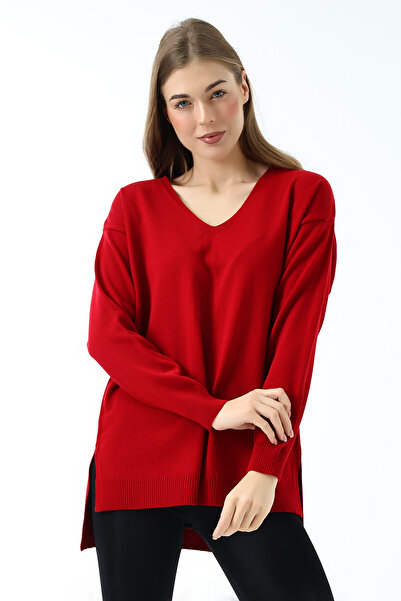 Devinka Women's V-Neck Long Sleeve Slim Woven Oversize Slit Knitwear Sweater Red