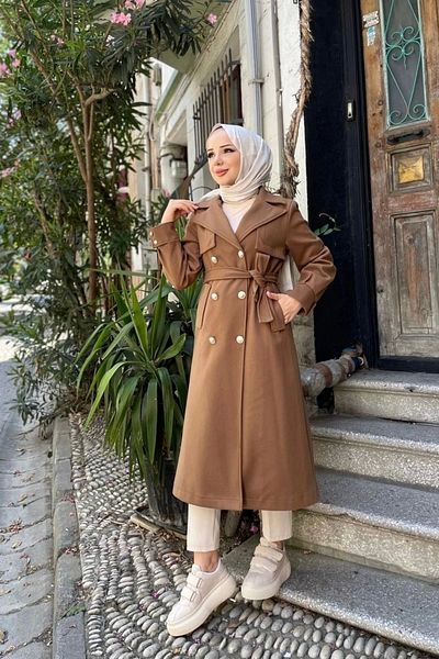 Nevayla Moda Γυναικείο παλτό από φλις διπλό στήθος / M0108 - Tan