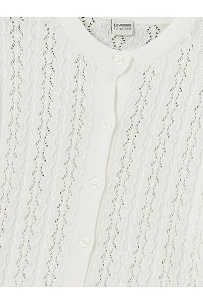 LC Waikiki Lcw Kids Ecru Crew Neck Openwork Girl's Knitwear Cardigan