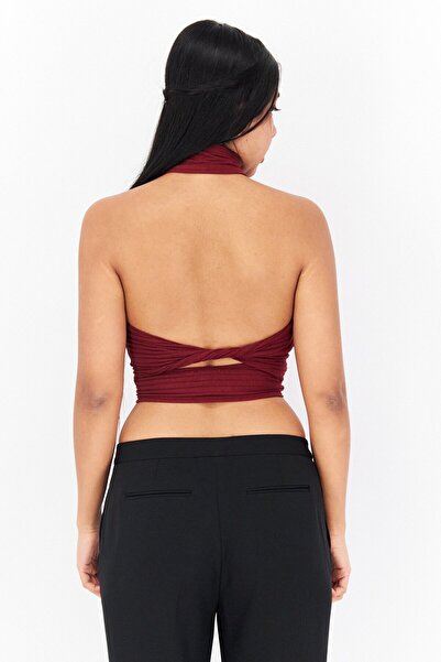 Endless Blu Women Halter Neck Sleeveless Plain Tube Tank Top, Maroon