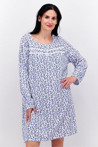 Celestial Dreams Women Floral Print Long Sleeve Sleepwear Dress, Blue