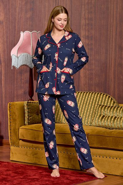 Cossy By Aqua 25040 Women's Patterned Shirt Collar Front Buttoned Long Sleeve Cotton Pajama Set