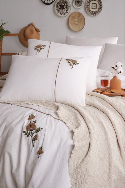 Unica Donna Hand Embroidered Pique Duvet Cover Set Beige - 7 Pieces