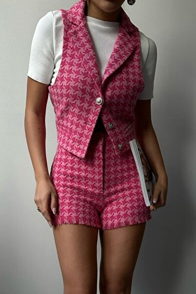 lovebox Women's Fuchsia Houndstooth Patterned Button Detailed Crop Vest 23s12002