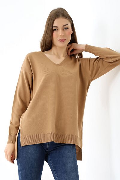 Devinka V-Neck Long Sleeve Oversize Knitwear Sweater - Thin Weaving, Slit, Light Brown