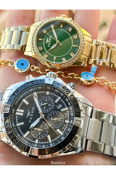 FERRO Brand Steel Cord Silver Color, Dear Couple Wristwatches + Bracelet