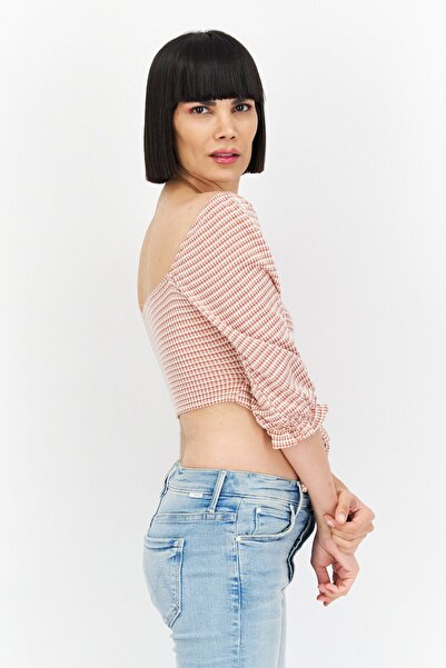 Endless Blu Women Keyhole Neck 3/4 Sleeve Knitted Cropped Top, Brown Combo