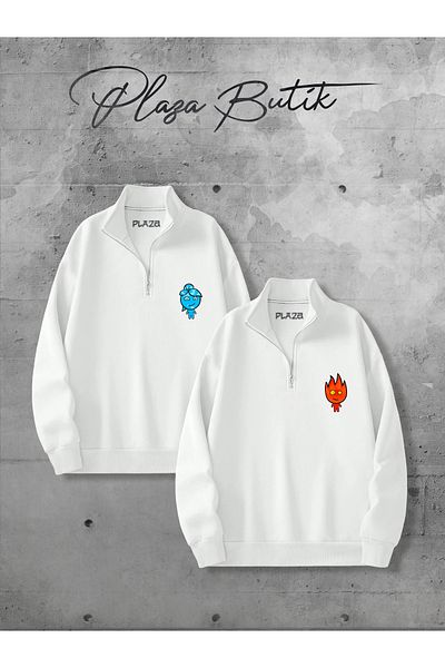 Plaza Butik Dear Couple Sweatshirt Combo - Stand Collar, Half Zipper, Fire and Water Print