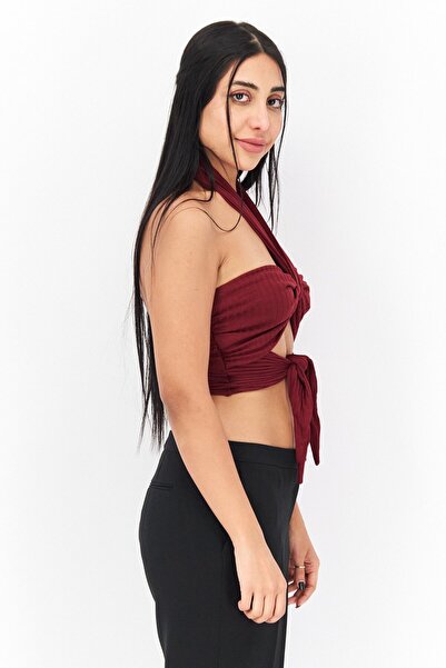 Endless Blu Women Halter Neck Sleeveless Plain Tube Tank Top, Maroon