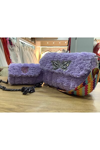 NEVRA Lila Kanvas peluş Anne-Kız kombin çantası