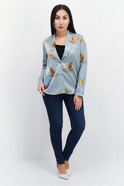 Bebe Women Split Neck Long Sleeves Allover Print Shirt, Grey