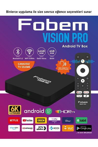 FOBEM Vision PRO 6K - Android TV Box, Media Player, Voice Command, Bluetooth Wi-Fi, 4 GB RAM, 64 GB Memory