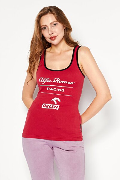 Alfa Romeo Women Sccope Neck Sleeveless Graphic Print Top, Red