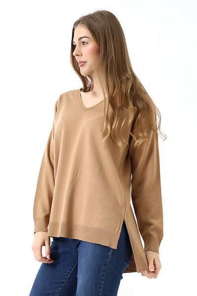 Devinka V-Neck Long Sleeve Oversize Knitwear Sweater - Thin Weaving, Slit, Light Brown