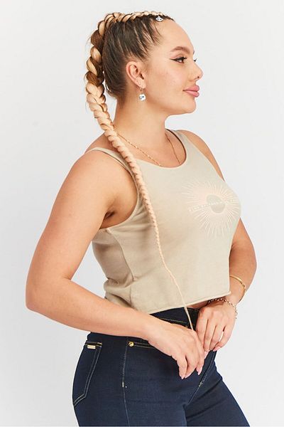 RUNWAY Women U-neck Sleeveless Graphic Cropped Top, Taupe