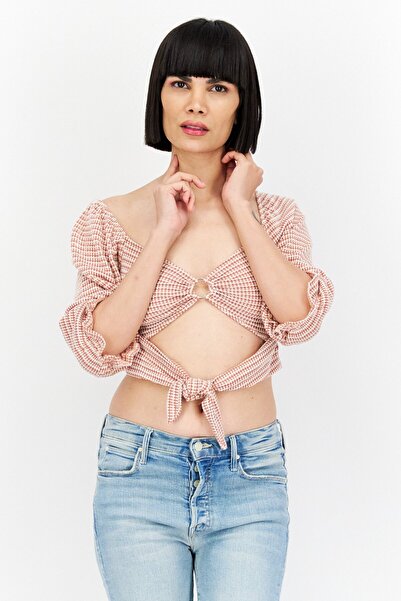 Endless Blu Women Keyhole Neck 3/4 Sleeve Knitted Cropped Top, Brown Combo