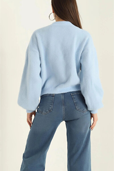 Piedra İnci Düğmeli Kadın Sıfır Yaka Balon Kol Sakallı Yumuşak Doku Crop Hırka