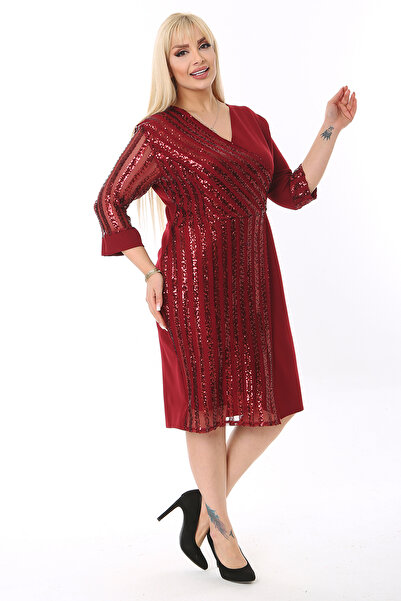 1fazlası Women's Plus Size Burgundy Sleeve and Front Sequin Sequin Garnished Midi Dress