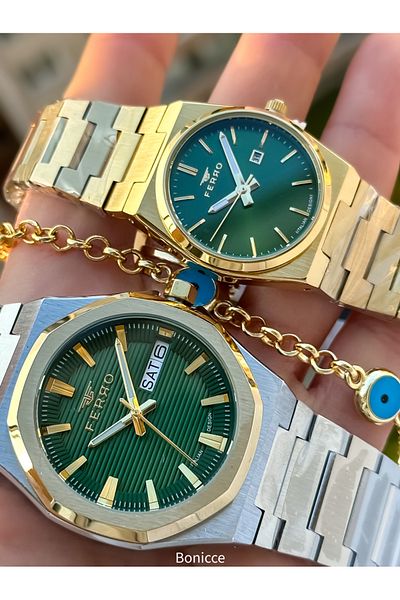 FERRO Brand Steel Band Silver Color, Green Dial,Dear Couple Wristwatches + Bracelet