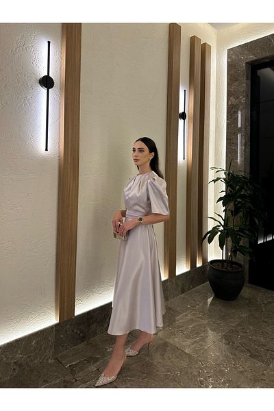 BEYZATURAN Crew Neck Midi Length Gray Satin River Dress