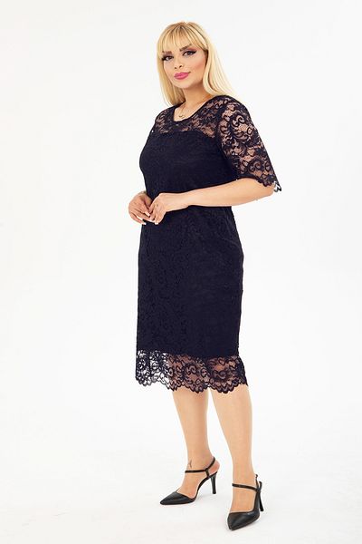 1fazlası Γυναικείο φόρεμα μεγάλου μεγέθους Navy Blue Organza Midi μήκους με δαντελένιο ρόμπα