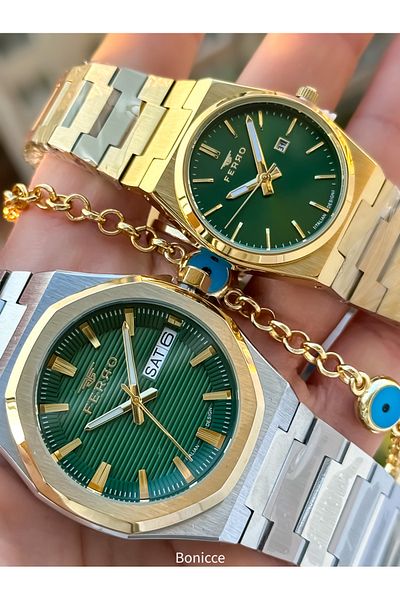 FERRO Brand Steel Band Silver Color, Green Dial,Dear Couple Wristwatches + Bracelet