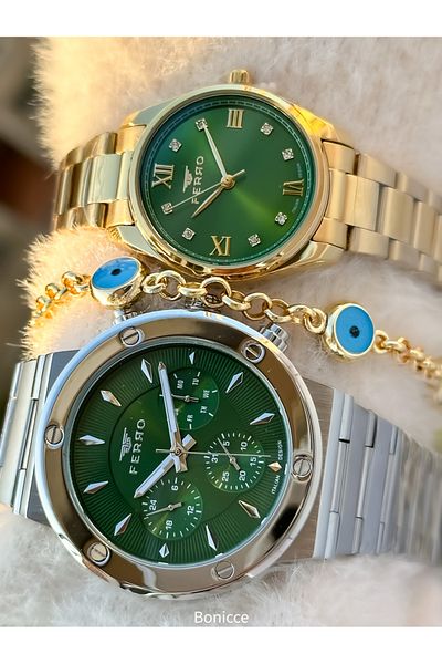 FERRO Brand Steel Band Silver Yellow Color, Green Dial Lover Couple Wristwatches + Bracelet