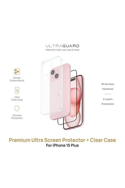 ULTRAGUARD واقي شاشة ممتاز + جراب شفاف لهاتف Iphone 15 Plus