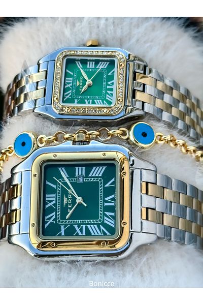 FERRO Brand Steel Band Silver Yellow Color,Green Dial, Square Case Lover Couple Wristwatches + Bracelet