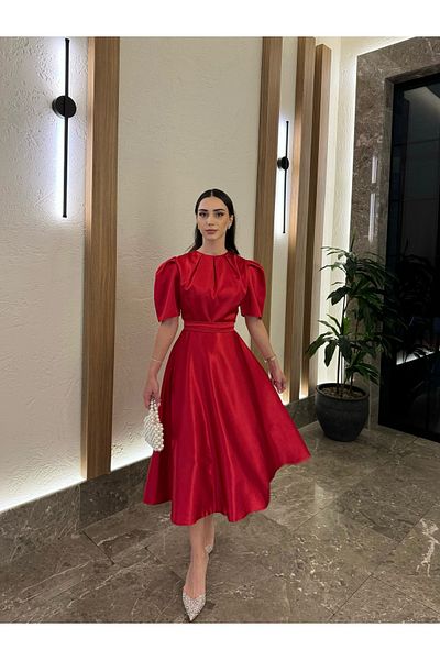 BEYZATURAN Crew Neck Midi Length Red Satin River Dress